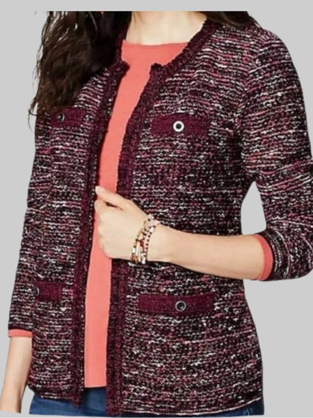 J. Jill Cranberry Burgundy Fringe Tweed Knit Cardigan Blazer Jacket Small